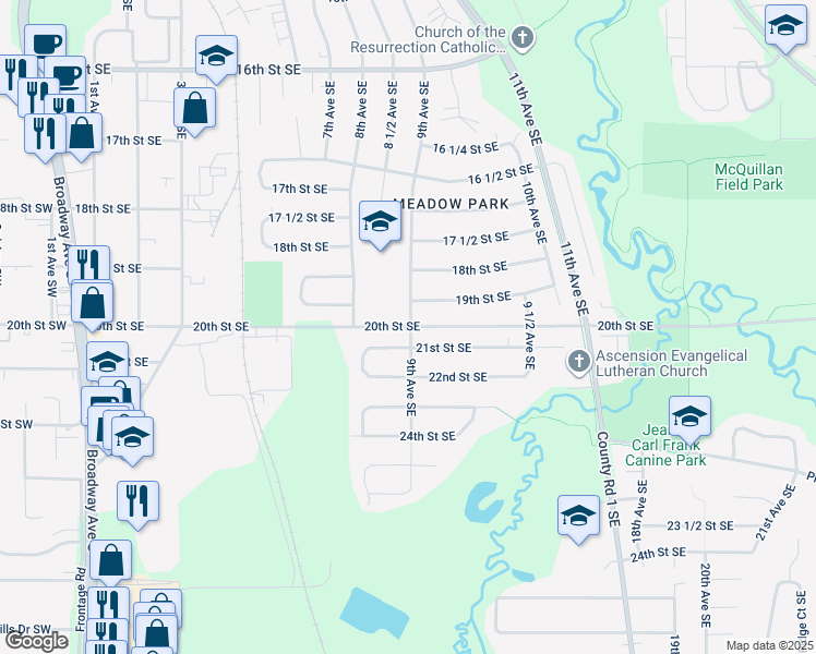 map of restaurants, bars, coffee shops, grocery stores, and more near 898 20th Street Southeast in Rochester