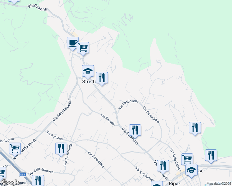 map of restaurants, bars, coffee shops, grocery stores, and more near 78 Via Strettoia in Strettoia