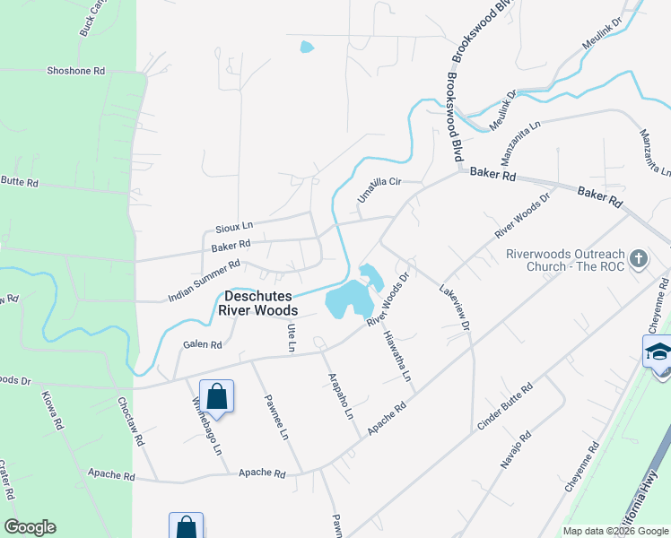 map of restaurants, bars, coffee shops, grocery stores, and more near 19434 River Woods Drive in Bend