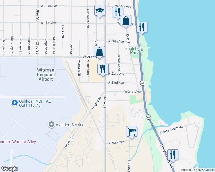 map of restaurants, bars, coffee shops, grocery stores, and more near 149 West 24th Avenue in Oshkosh