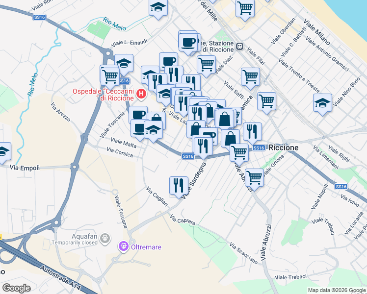 map of restaurants, bars, coffee shops, grocery stores, and more near 22 Via Adua in Riccione