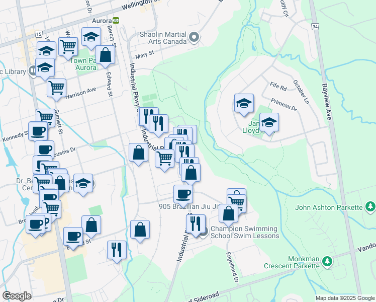 map of restaurants, bars, coffee shops, grocery stores, and more near 225 Industrial Parkway South in Aurora