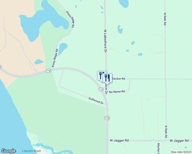 map of restaurants, bars, coffee shops, grocery stores, and more near 7298 Michigan 116 in Ludington