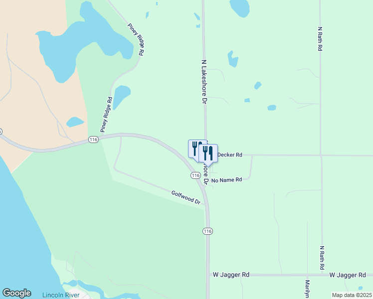 map of restaurants, bars, coffee shops, grocery stores, and more near 7298 Michigan 116 in Ludington