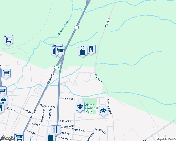 map of restaurants, bars, coffee shops, grocery stores, and more near 209 Creekwood Drive in Watertown