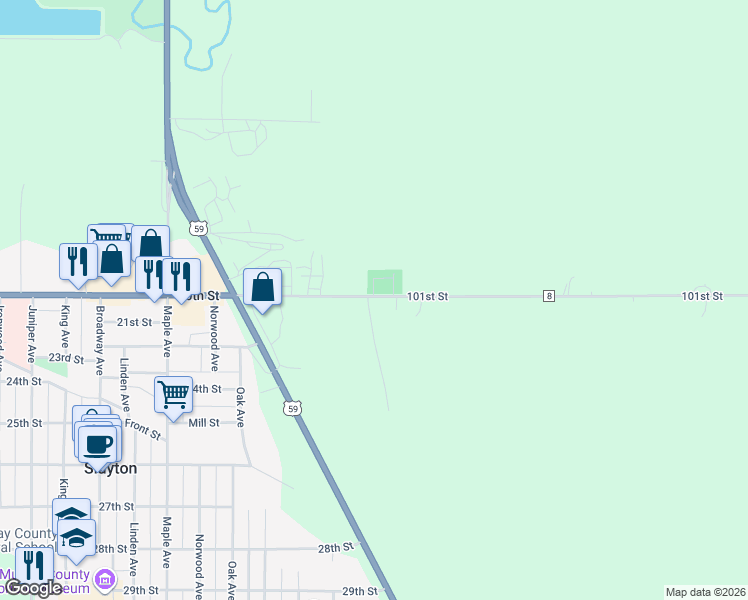 map of restaurants, bars, coffee shops, grocery stores, and more near 1597 101st Street in Slayton