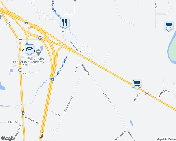 map of restaurants, bars, coffee shops, grocery stores, and more near 34259 Mathews Road in Eugene