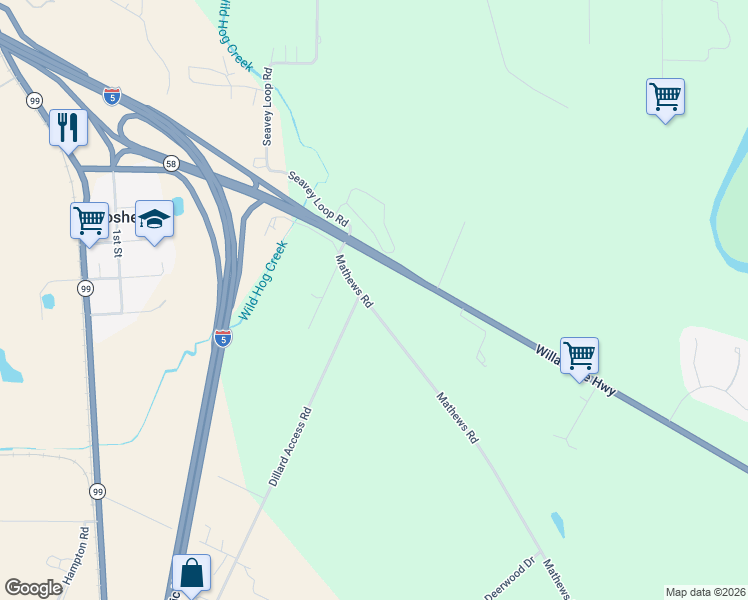 map of restaurants, bars, coffee shops, grocery stores, and more near 34259 Mathews Road in Eugene
