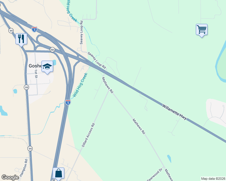 map of restaurants, bars, coffee shops, grocery stores, and more near 34259 Mathews Road in Eugene