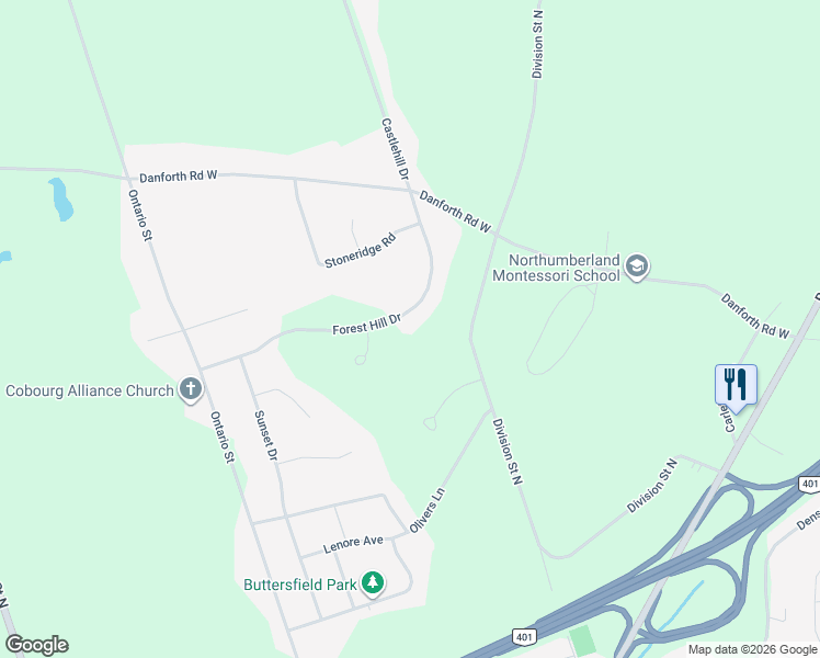 map of restaurants, bars, coffee shops, grocery stores, and more near 37 Forest Hill Drive in Cobourg