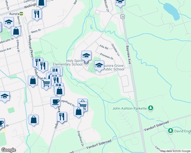 map of restaurants, bars, coffee shops, grocery stores, and more near 380 Stone Road in Aurora