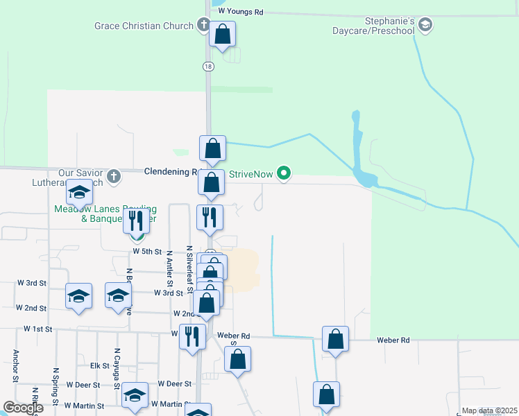 map of restaurants, bars, coffee shops, grocery stores, and more near 1389 Colony Square Court in Gladwin