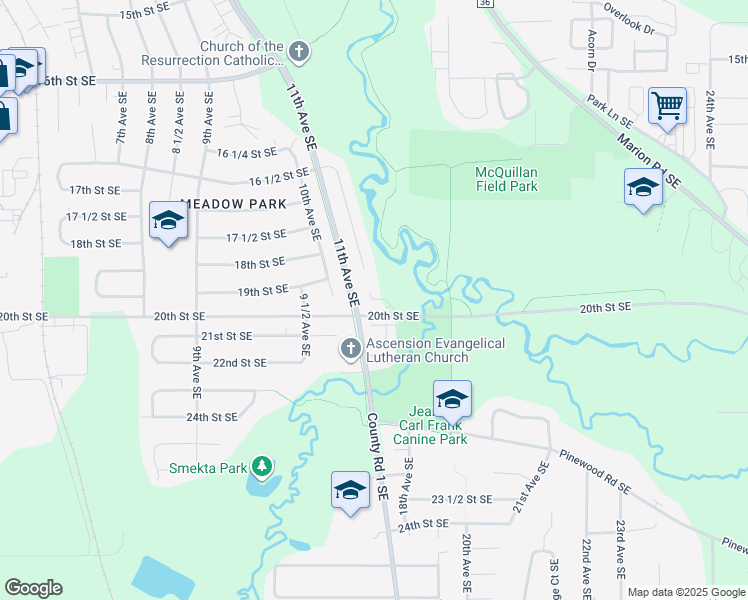 map of restaurants, bars, coffee shops, grocery stores, and more near 1952 Spruce Meadows Drive Southeast in Rochester