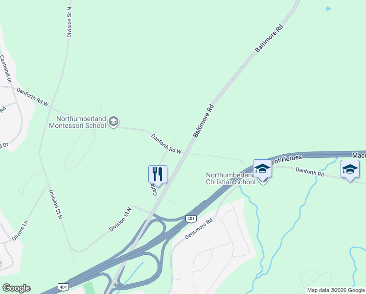 map of restaurants, bars, coffee shops, grocery stores, and more near 4136 Baltimore Road in Cobourg