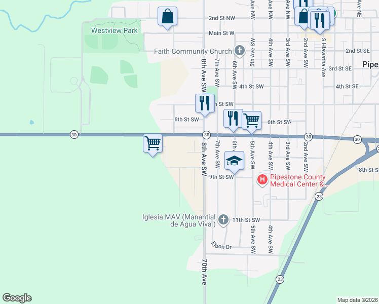 map of restaurants, bars, coffee shops, grocery stores, and more near 803 8th Street Southwest in Pipestone