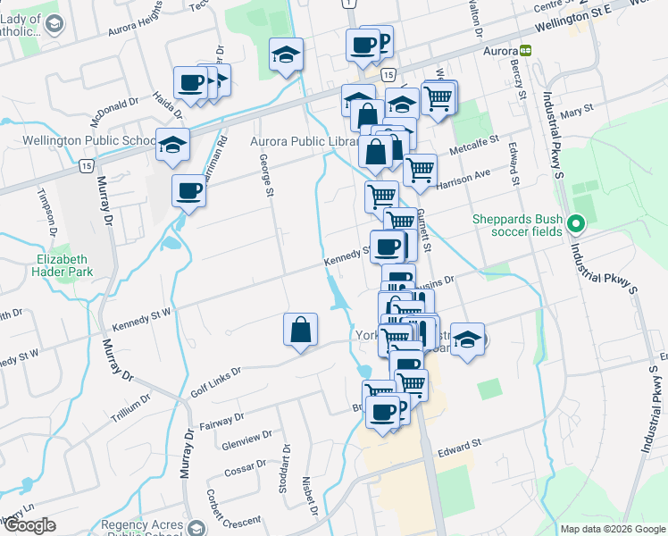 map of restaurants, bars, coffee shops, grocery stores, and more near 31 Kennedy Street West in Aurora