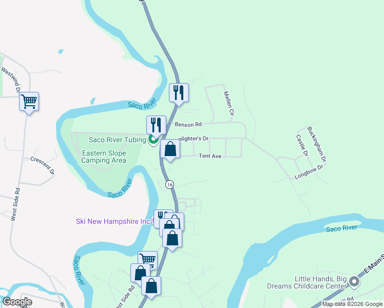 map of restaurants, bars, coffee shops, grocery stores, and more near 129 Lamplighters Park in Conway
