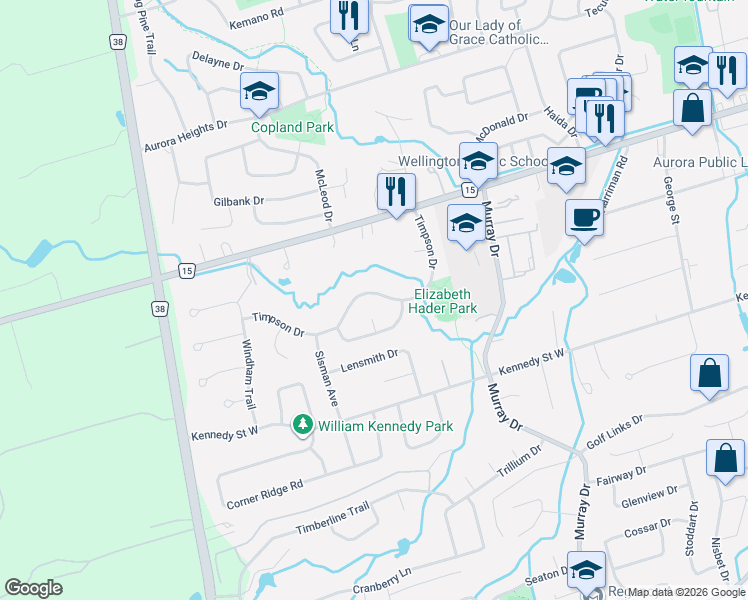 map of restaurants, bars, coffee shops, grocery stores, and more near 103 Timpson Drive in Aurora