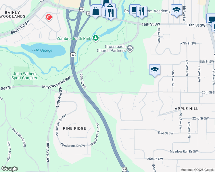 map of restaurants, bars, coffee shops, grocery stores, and more near 1429 Oak Ledge Drive Southwest in Rochester