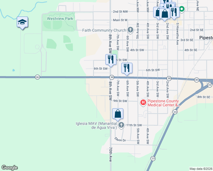 map of restaurants, bars, coffee shops, grocery stores, and more near 803 8th Street Southwest in Pipestone