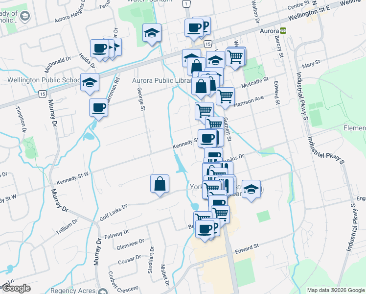 map of restaurants, bars, coffee shops, grocery stores, and more near 31 Kennedy Street West in Aurora