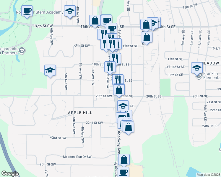 map of restaurants, bars, coffee shops, grocery stores, and more near 1931 Broadway Avenue South in Rochester