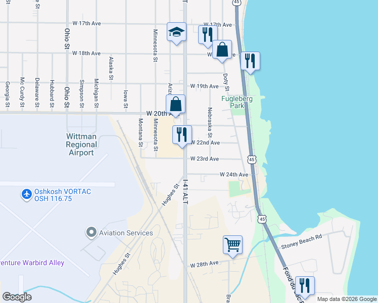 map of restaurants, bars, coffee shops, grocery stores, and more near 2218 Oregon Street in Oshkosh