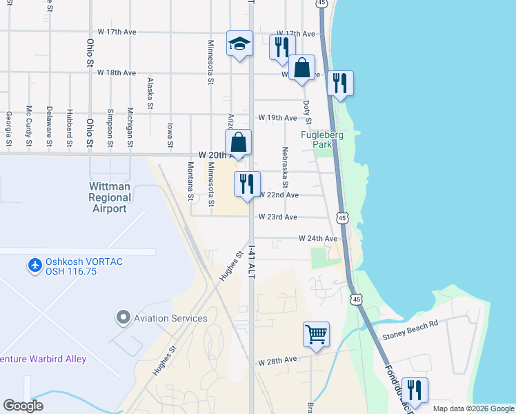 map of restaurants, bars, coffee shops, grocery stores, and more near 2218 Oregon Street in Oshkosh