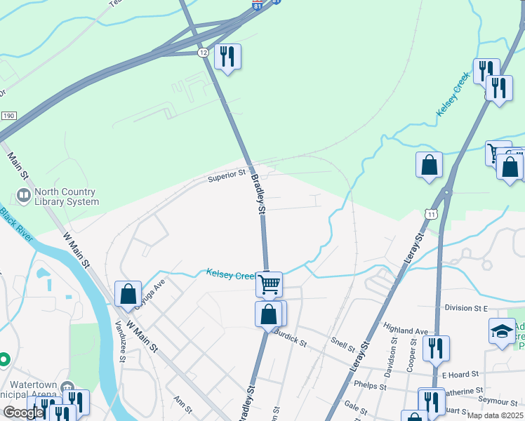 map of restaurants, bars, coffee shops, grocery stores, and more near Bradley Street & Hazelhurst Avenue in Watertown