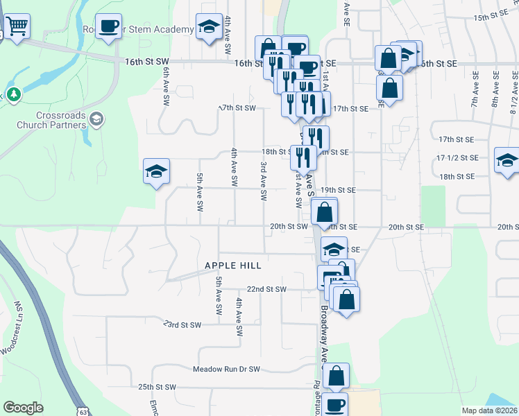 map of restaurants, bars, coffee shops, grocery stores, and more near 1929 3rd Avenue Southwest in Rochester