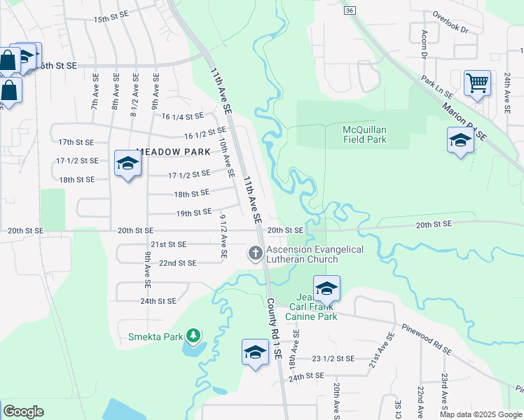 map of restaurants, bars, coffee shops, grocery stores, and more near 1952 Spruce Meadows Drive Southeast in Rochester