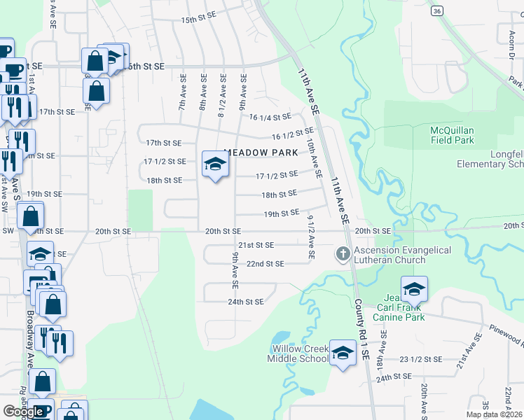 map of restaurants, bars, coffee shops, grocery stores, and more near 927 19th Street Southeast in Rochester