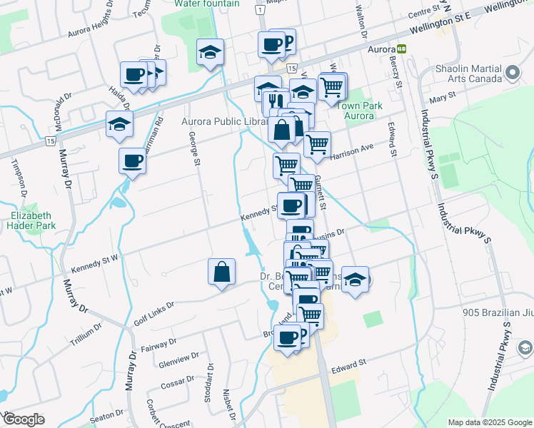 map of restaurants, bars, coffee shops, grocery stores, and more near 126 Temperance Street in Aurora