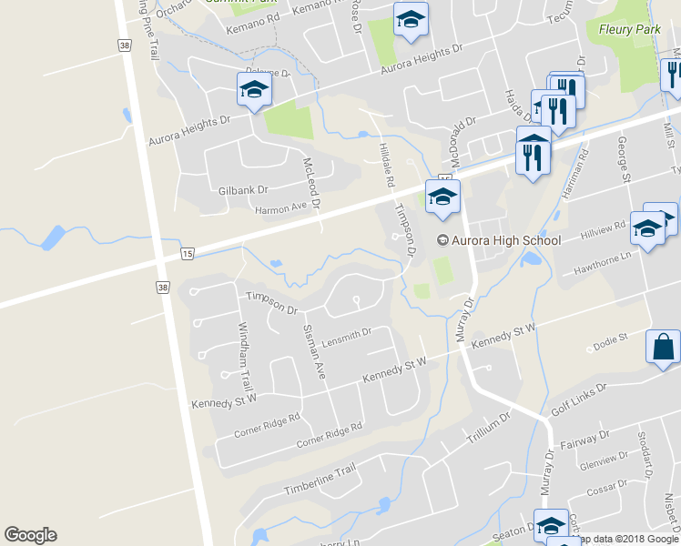 map of restaurants, bars, coffee shops, grocery stores, and more near 124 Timpson Drive in Aurora