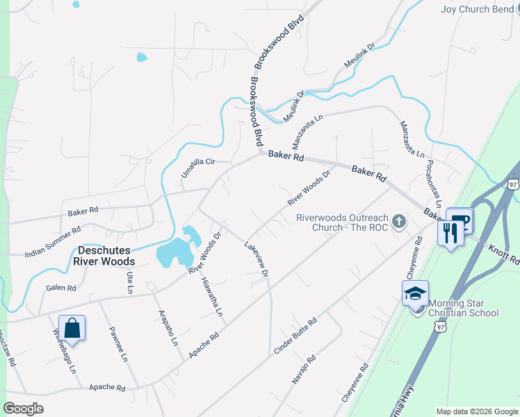 map of restaurants, bars, coffee shops, grocery stores, and more near 19530 River Woods Drive in Bend