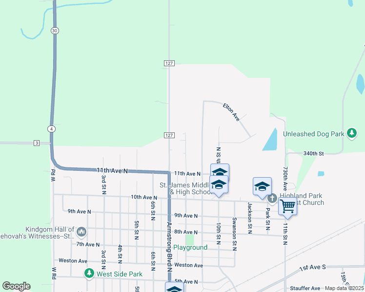 map of restaurants, bars, coffee shops, grocery stores, and more near 1141 8th Street North in Saint James