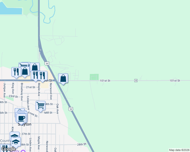 map of restaurants, bars, coffee shops, grocery stores, and more near 1597 101st Street in Slayton
