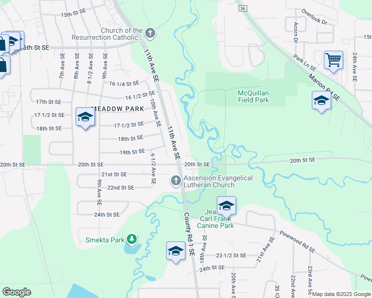 map of restaurants, bars, coffee shops, grocery stores, and more near 1952 Spruce Meadows Drive Southeast in Rochester