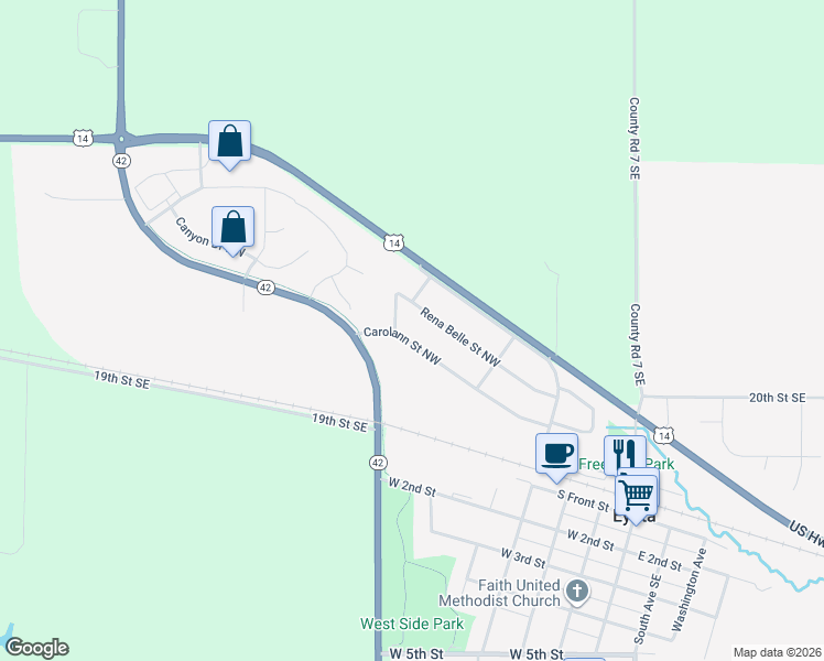 map of restaurants, bars, coffee shops, grocery stores, and more near 255 Carolann Street Northwest in Eyota