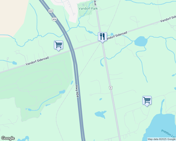 map of restaurants, bars, coffee shops, grocery stores, and more near 2099 Vandorf Sideroad in Gormley