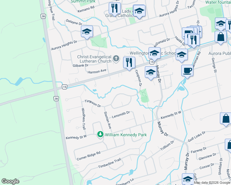 map of restaurants, bars, coffee shops, grocery stores, and more near 124 Timpson Drive in Aurora