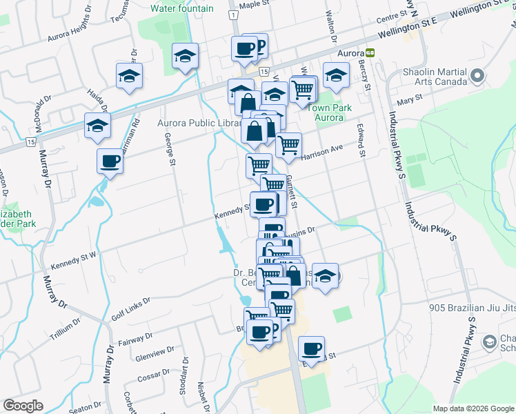 map of restaurants, bars, coffee shops, grocery stores, and more near 7 Kennedy Street West in Aurora