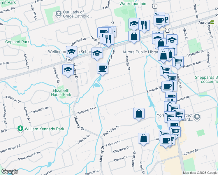 map of restaurants, bars, coffee shops, grocery stores, and more near 24 Hawthorne Lane in Aurora