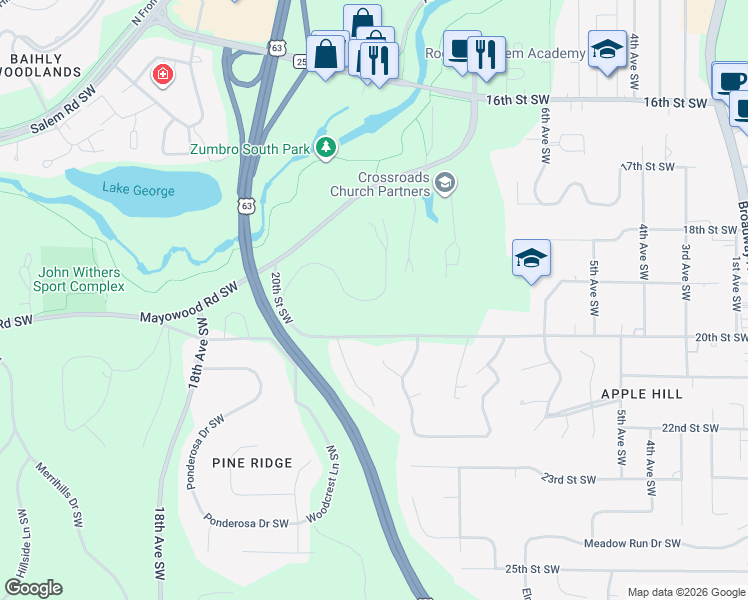 map of restaurants, bars, coffee shops, grocery stores, and more near 1429 Oak Ledge Drive Southwest in Rochester
