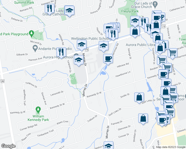 map of restaurants, bars, coffee shops, grocery stores, and more near 295 Milestone Crescent in Aurora