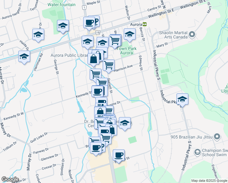 map of restaurants, bars, coffee shops, grocery stores, and more near 137 Gurnett Street in Aurora
