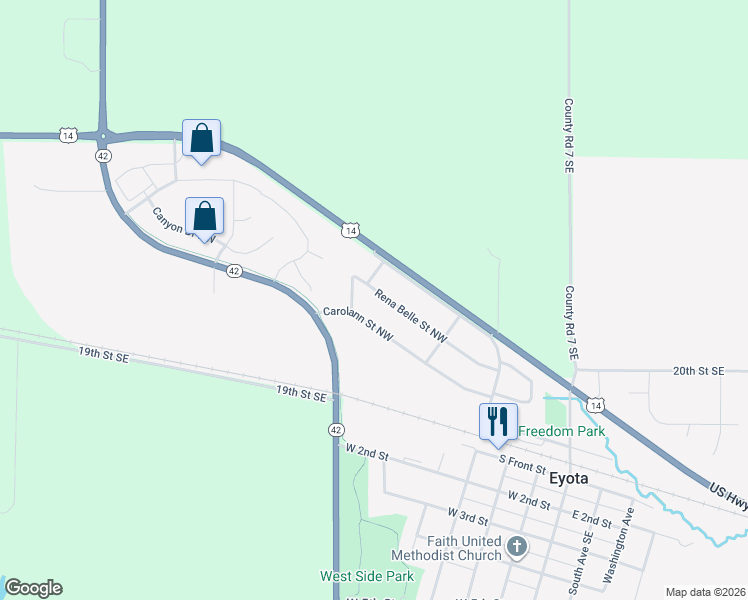 map of restaurants, bars, coffee shops, grocery stores, and more near 255 Carolann Street Northwest in Eyota