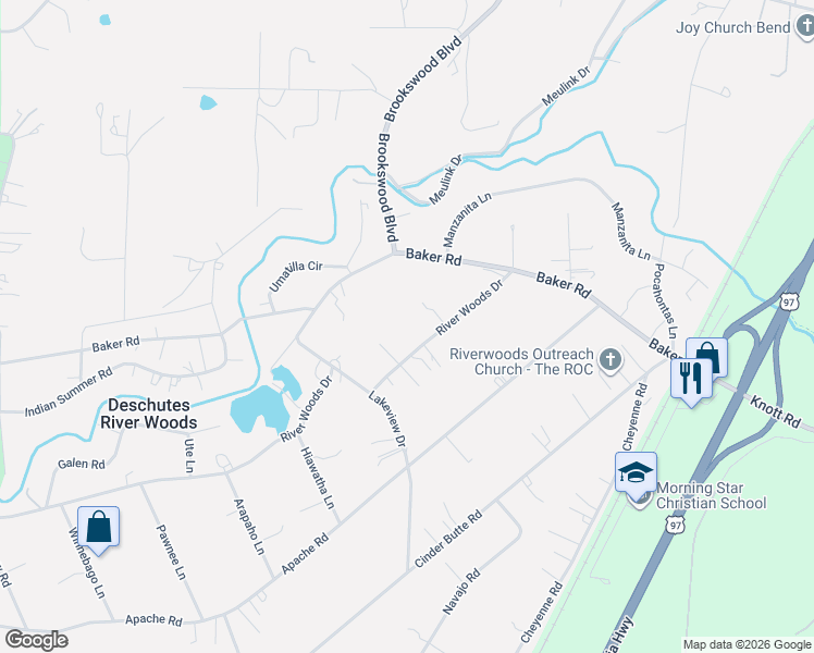 map of restaurants, bars, coffee shops, grocery stores, and more near 19530 River Woods Drive in Bend