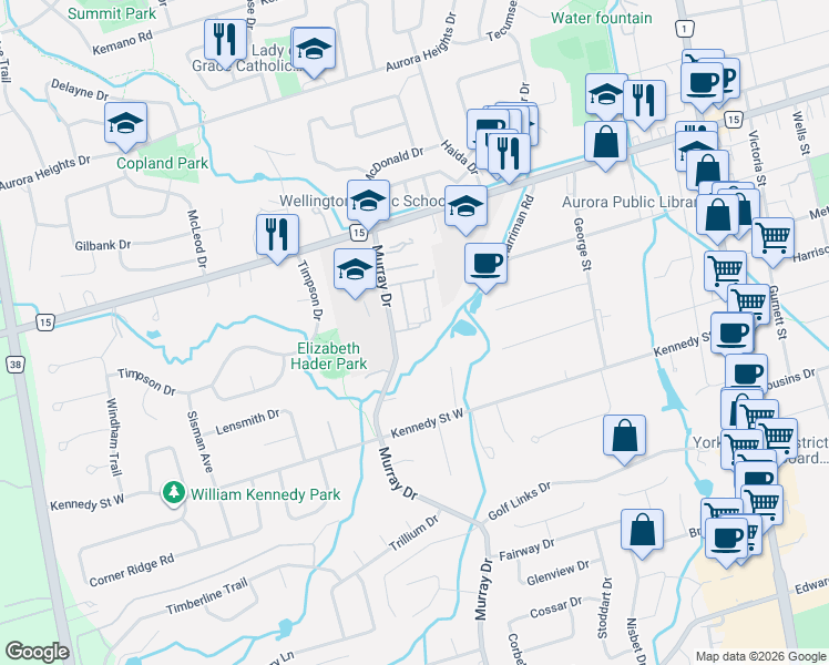 map of restaurants, bars, coffee shops, grocery stores, and more near 321 Milestone Crescent in Aurora