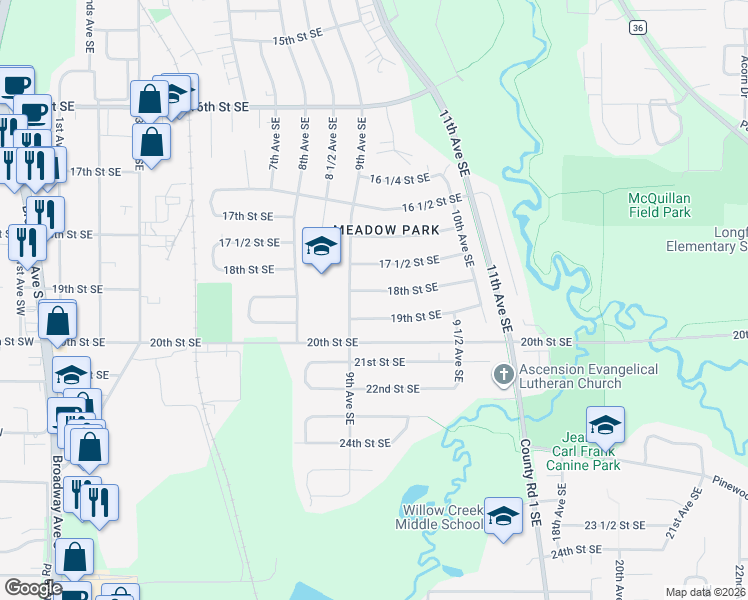map of restaurants, bars, coffee shops, grocery stores, and more near 927 19th Street Southeast in Rochester